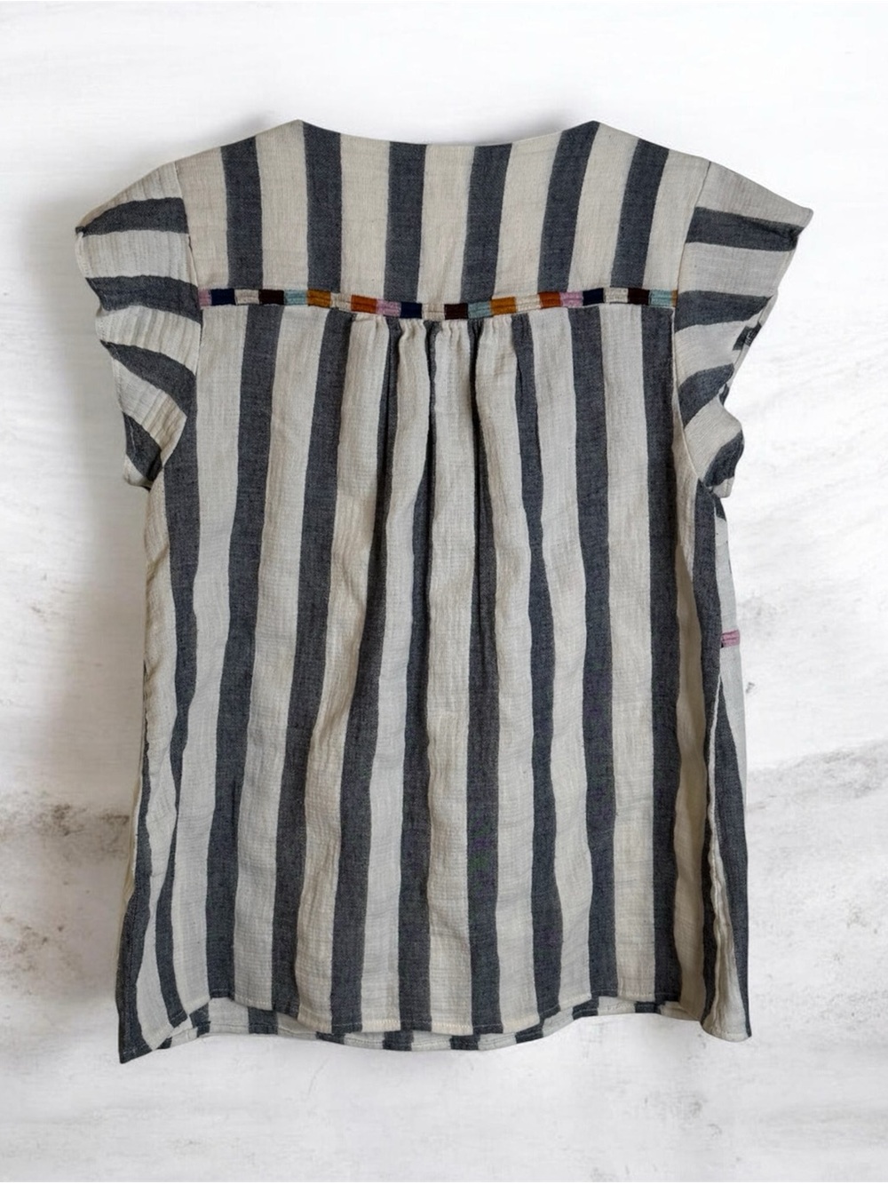 THML Vertical Stripe Embroidered Flutter Sleeve Tunic - Gray & White - Picture 5 of 6